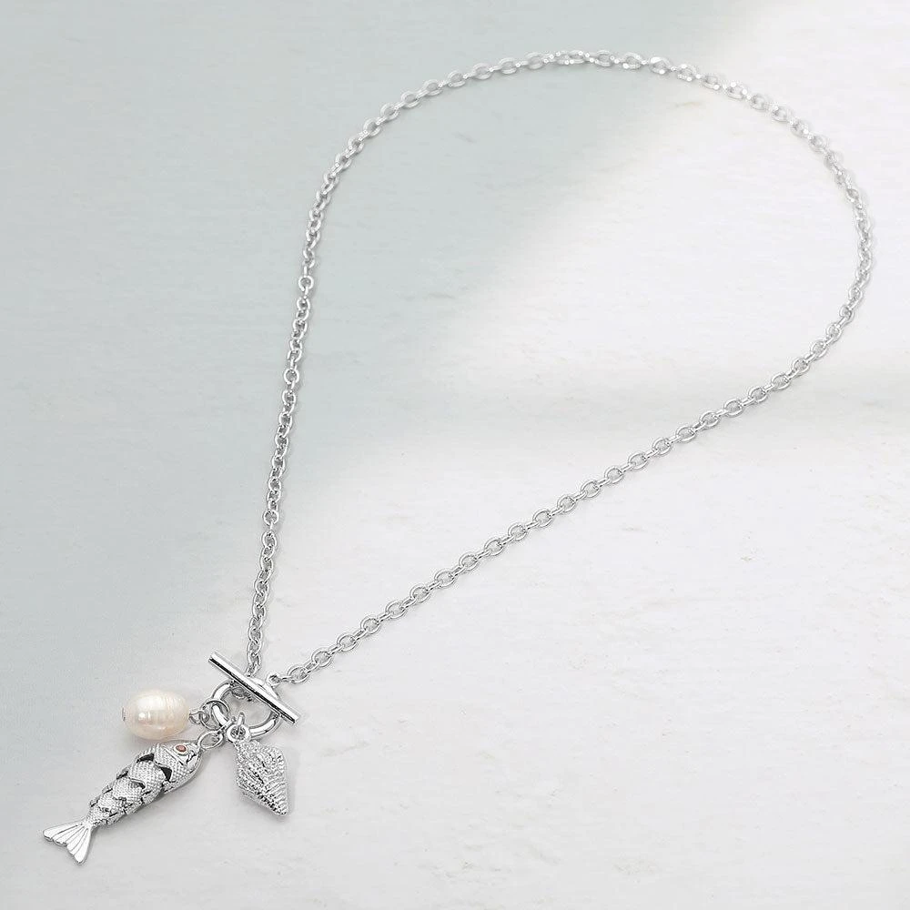 FASHNZFAB Pearl Conch Shell Fish Charm Toggle Pendant Necklace - Rhodium 3