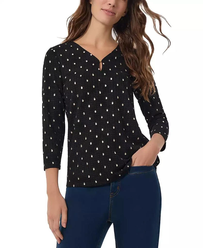 JONES NEW YORK Petite Printed Textured Keyhole 3/4-Sleeve Top 1