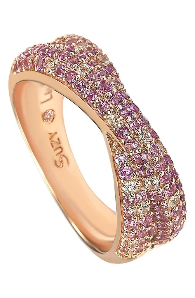 Suzy Levian 14K Rose Gold Sterling Silver Pink Sapphire 
Lab Grown Sapphire Diamond Accent Crossover Ring