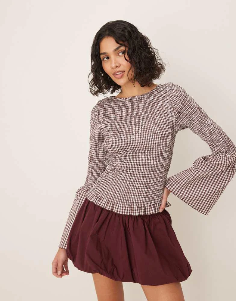 ASOS ASOS DESIGN shirred angel sleeve top in brown gingham 1