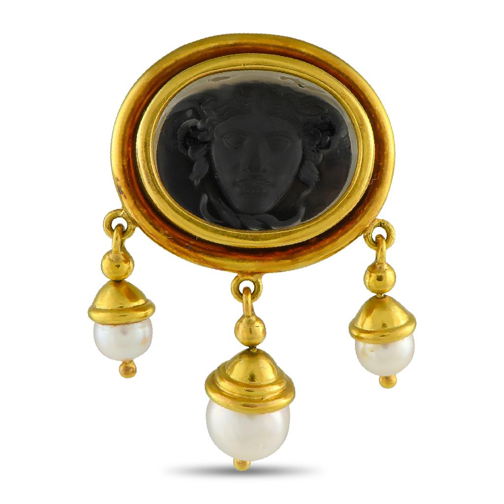 Elizabeth Locke 18K Yellow Gold and Pearl Intaglio Medusa Brooch  EL02-050825