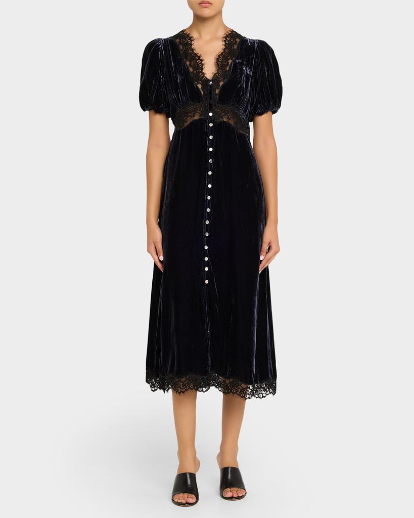 Sea Clarice Lace-Trim Velvet Midi Dress