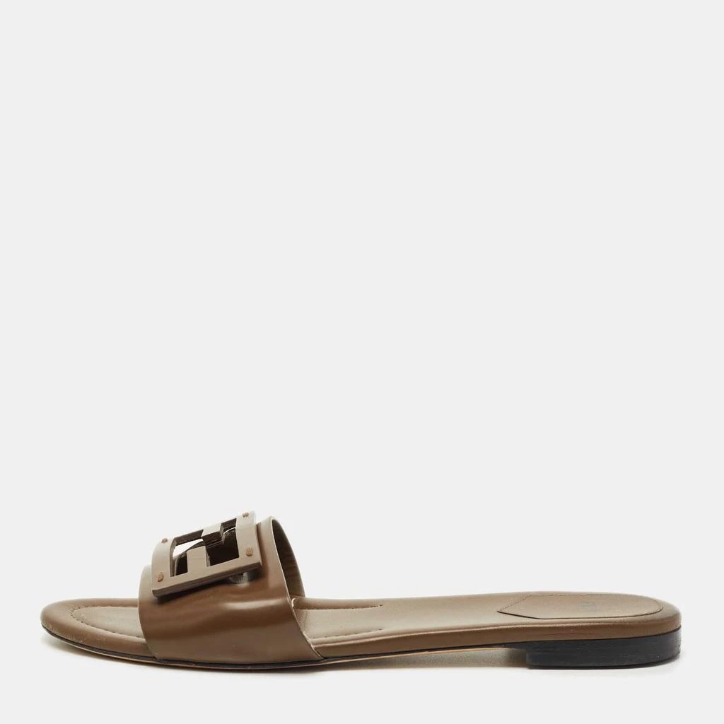 Fendi Dark Brown Leather Logo Flat Slide Sandals Size 41  Fendi Dark Brown Logo Slide Sandals main image 0