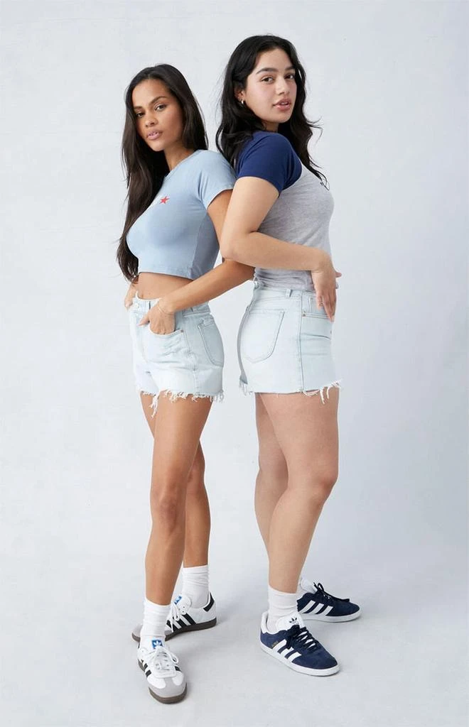 PacSun Eco Stretch Light Indigo Ripped Curve High Waisted Denim Festival Shorts 1
