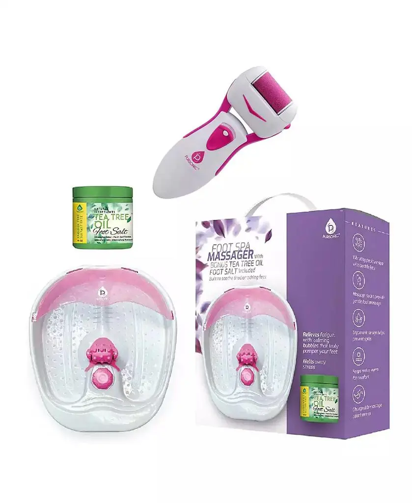 PURSONIC Ultimate Foot Care Bundle: Foot Spa Massager with Tea Tree Oil Foot Salt Scrub, Battery Operated Callus Remover, Foot Spa, and Foot Smoother
