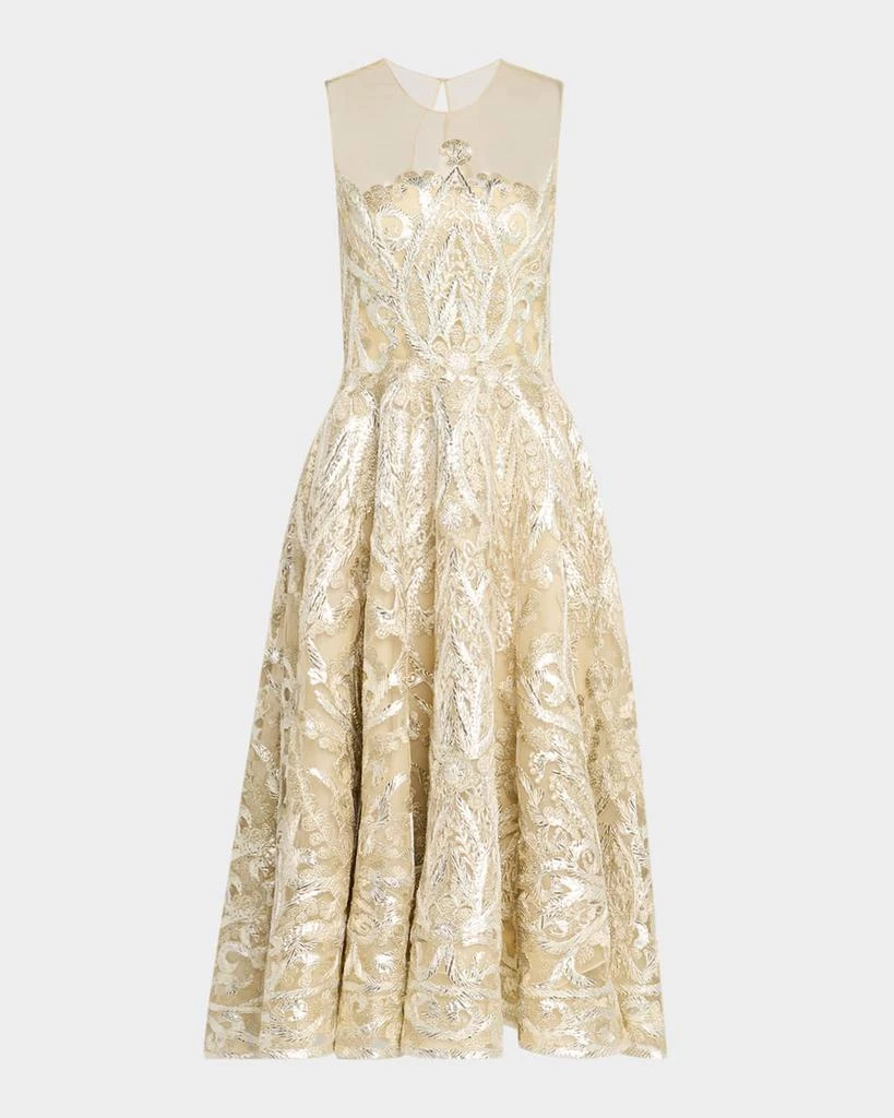 Naeem Khan Ribbon Embroidered Tea-Length Illusion Dress 1