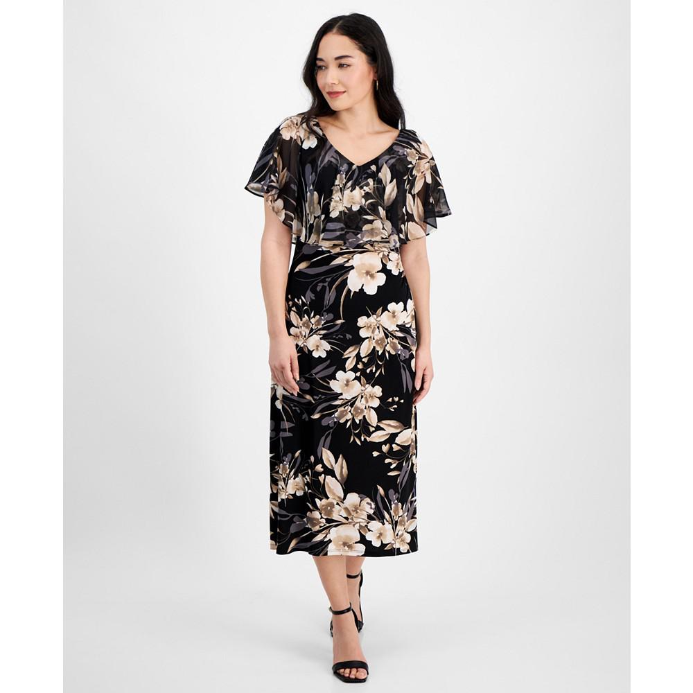 Connected Petite V-Neck Floral Cape Midi Dress