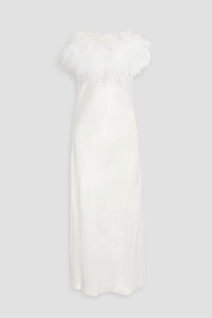 Sleeper Boheme feather-trimmed satin midi slip dress