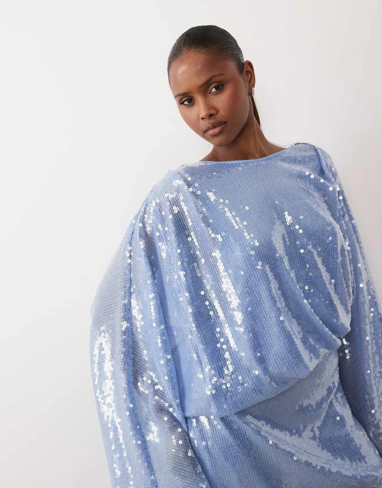 ASOS ASOS DESIGN glass sequin batwing mini dress with draped front bodice  in blue - Dresses & Skirts - Free Shipping - BeyondStyle