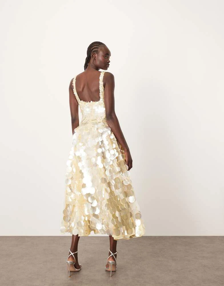ARRANGE ARRANGE embellished disc sequin square neck full skirt midi dress in lemon 3