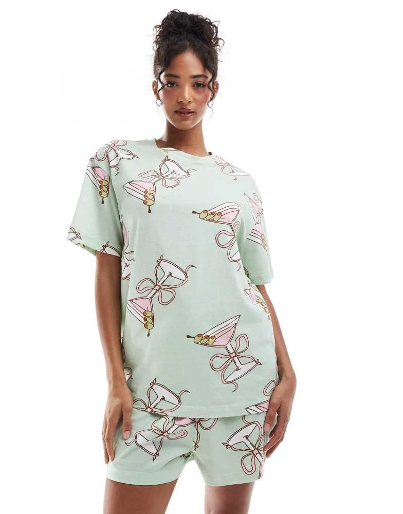 ASOS ASOS DESIGN cocktail glass oversized tee & short pyjama set in green 1