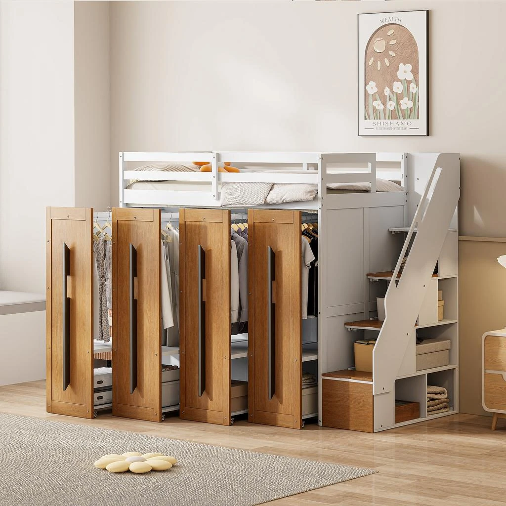 Streamdale Furniture Streamdale Modern Loft Bed with Two-Tone Storage Stairs and Pull-Out Wardrobes 1