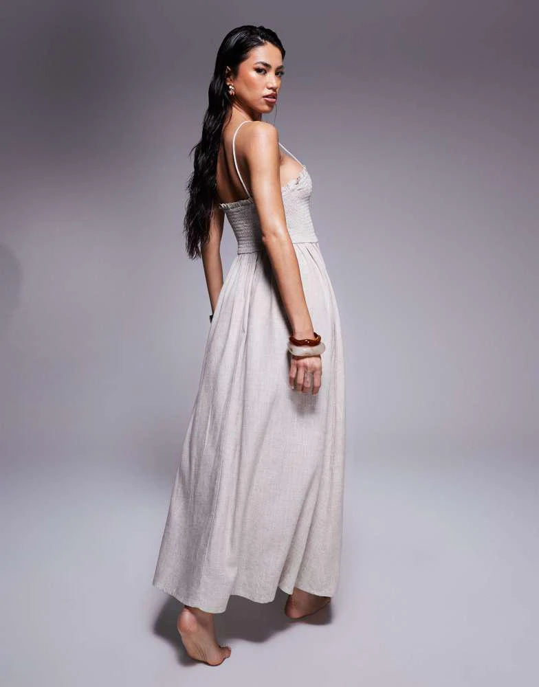 ASOS ASOS DESIGN Isabel linen blend shirred bandeau beach dress in natural 3