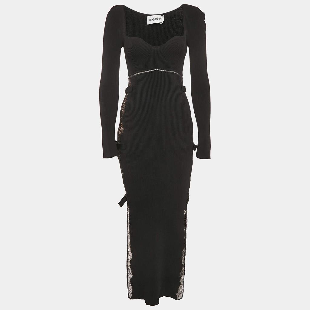 Self Portrait Self-Portrait Black Rib Knit and Lace Midi Dress M