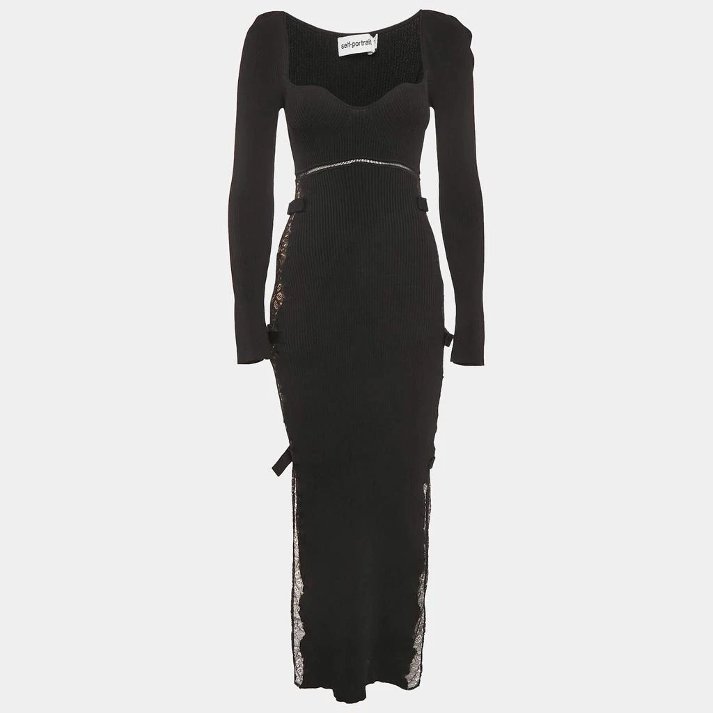 Self Portrait Self-Portrait Black Rib Knit and Lace Midi Dress M 1