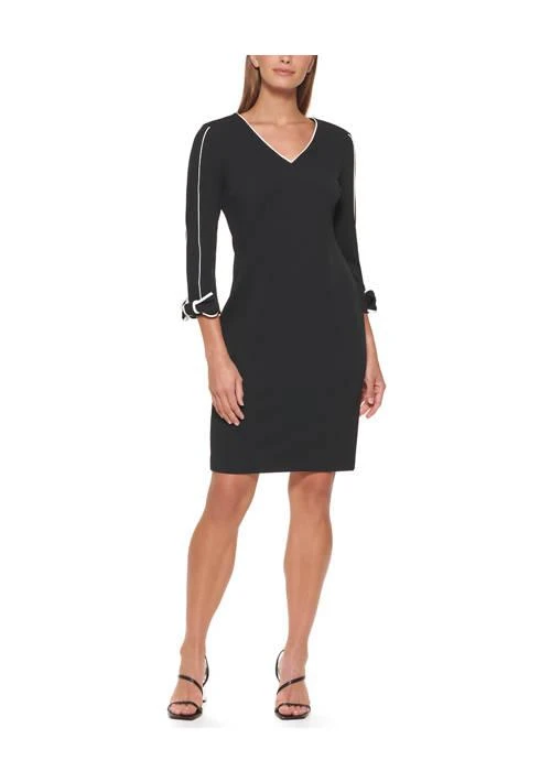 Calvin Klein Klein Womens 3 4 Sleeve V Neck Solid Sheath Dress 1