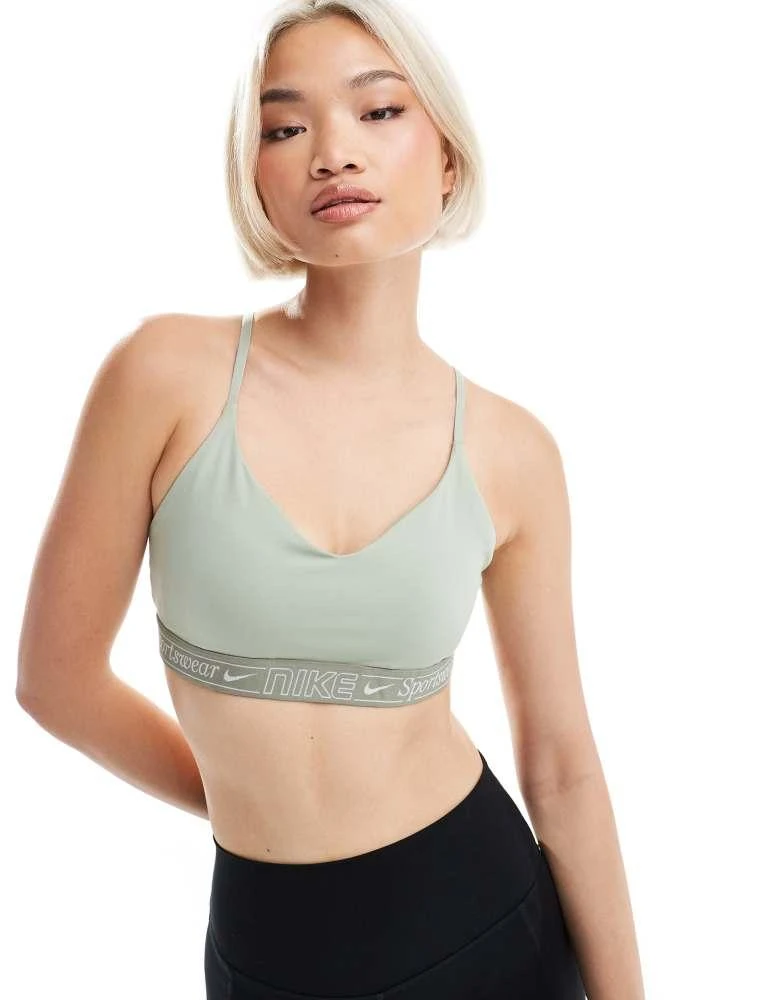 NIKE Nike Training Gym Life Swoosh Indy Dri-FIT light support sports bra in khaki 1