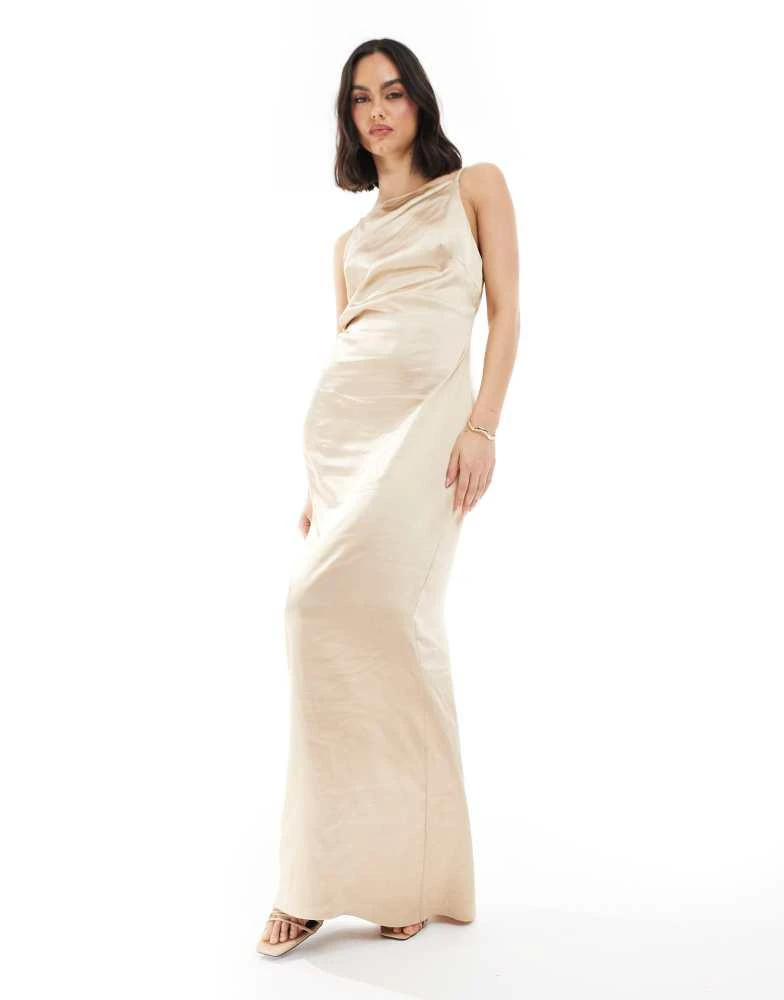 Pretty Lavish Pretty Lavish Bridesmaid satin boat neck maxi dress in matte gold 1