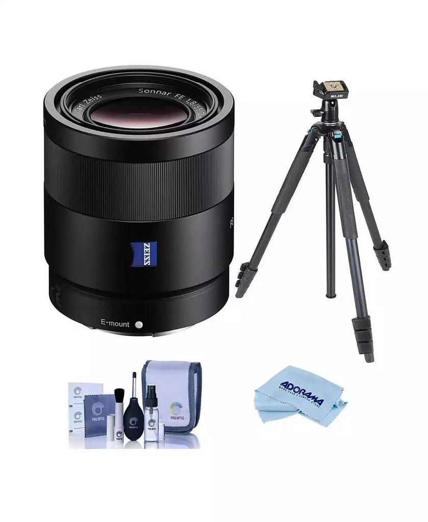 SONY Sonnar T FE 55mm f/1.8 ZA Lens for Sony E, Bundle with Flip-Zip 4-Section Aluminum Multi-Functional Photo Tripod, Cleaning Kit, Cleaning Cloth