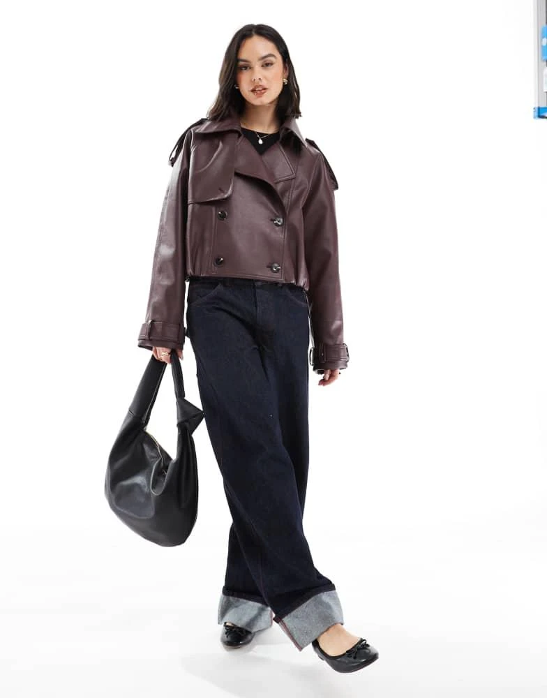 ASOS ASOS DESIGN leather look bomber trench coat in chocolate 2