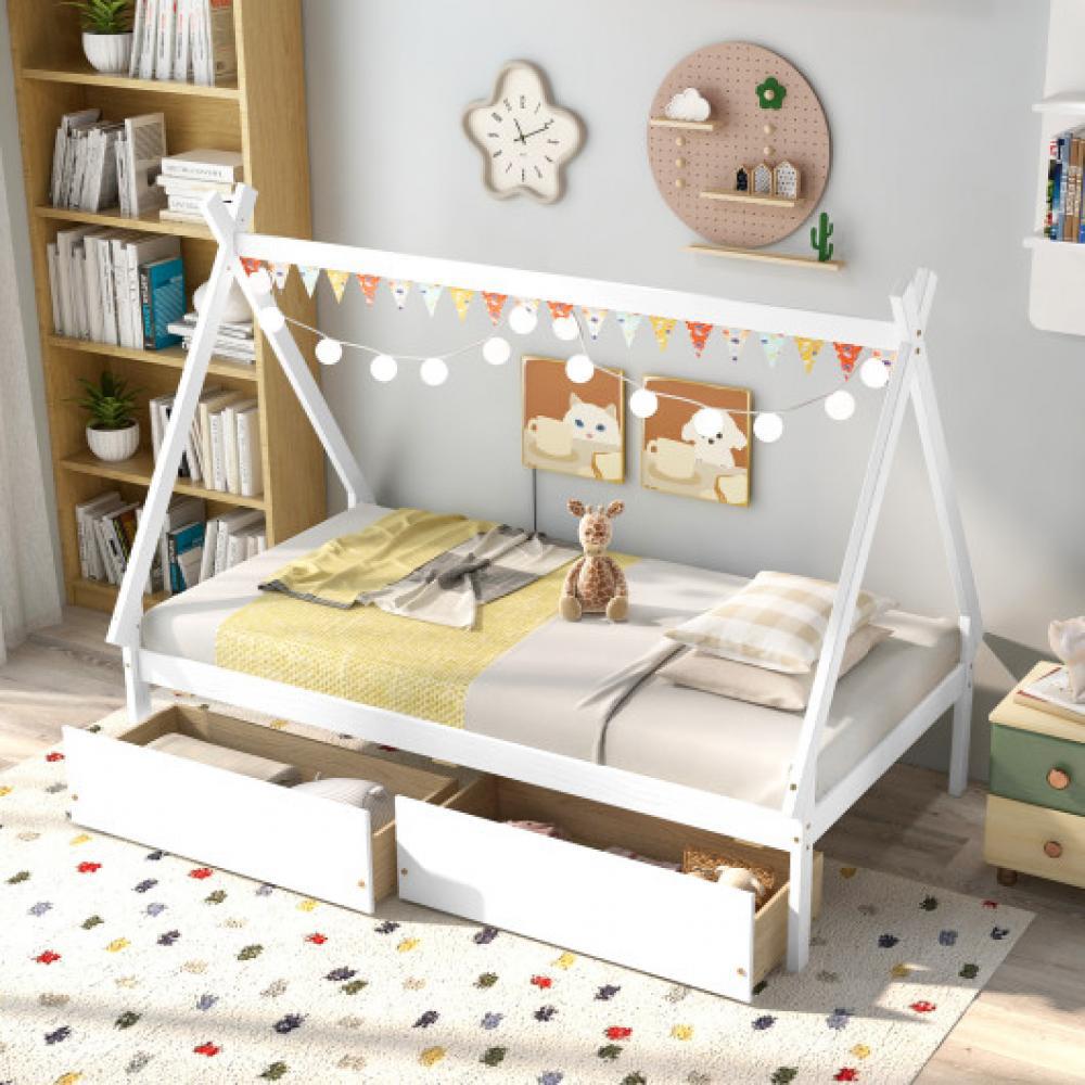 Hivvago Twin Size Wooden Tent Platform House Bed with 2 Drawers-White
