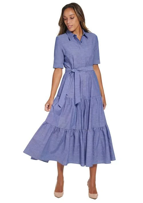 Calvin Klein Klein Womens Elbow Sleeve Collared Belted Dress 1