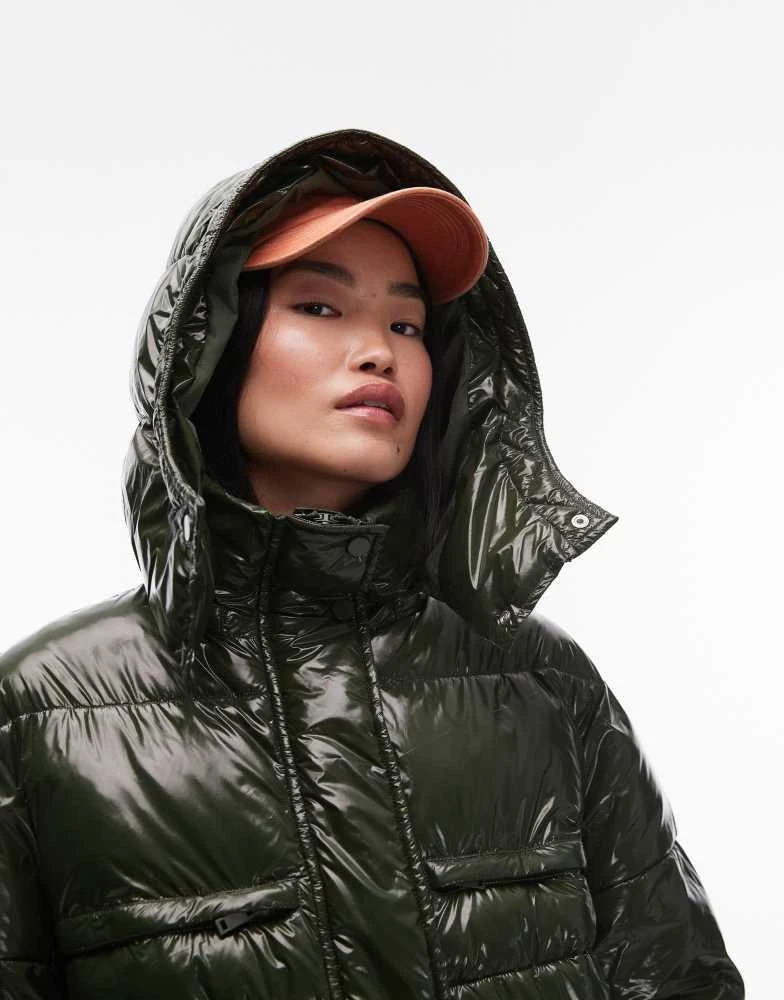 Topshop Topshop mid length hooded puffer jacket in dark green 3