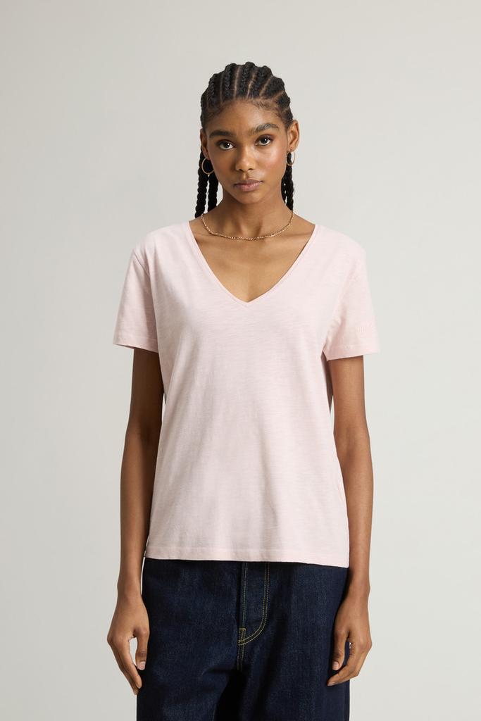 Woolrich Pure Cotton Slub T-Shirt with V-Neck - Women - Pink