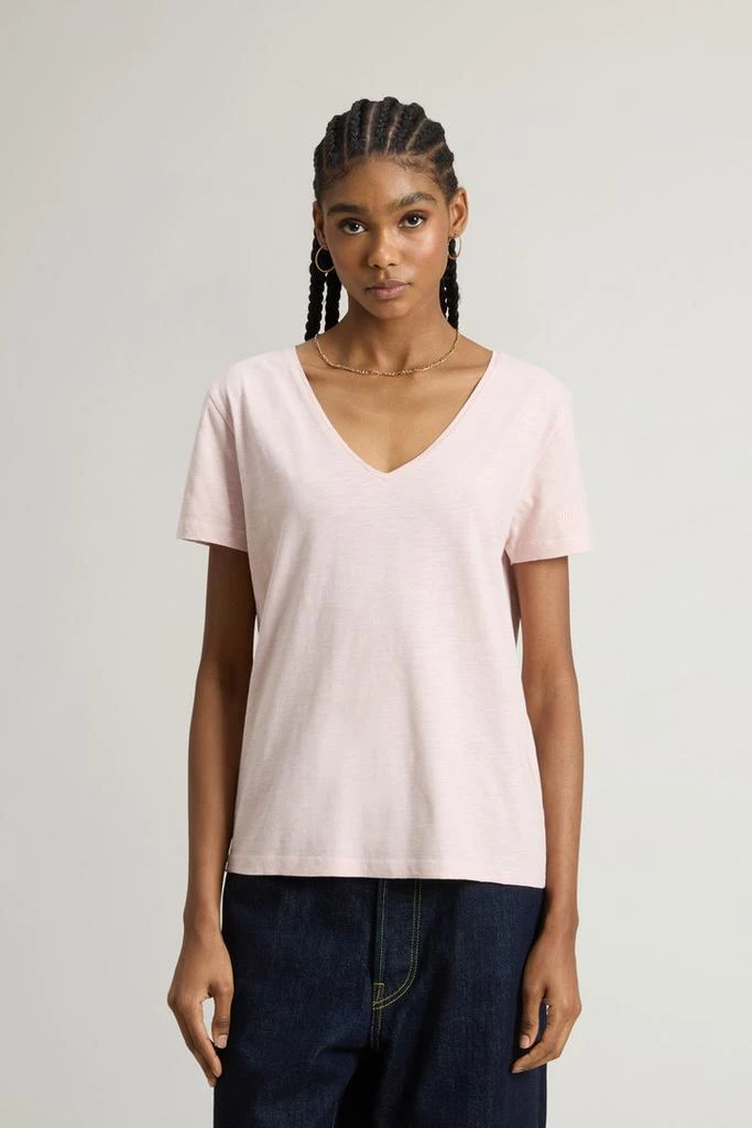 Woolrich Pure Cotton Slub T-Shirt with V-Neck - Women - Pink 1