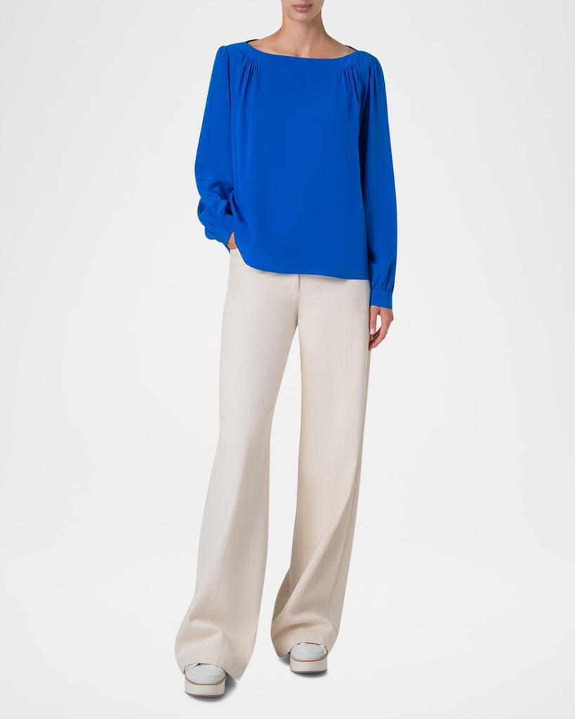 Akris Boat-Neck Long-Sleeve Silk Crepe Blouse