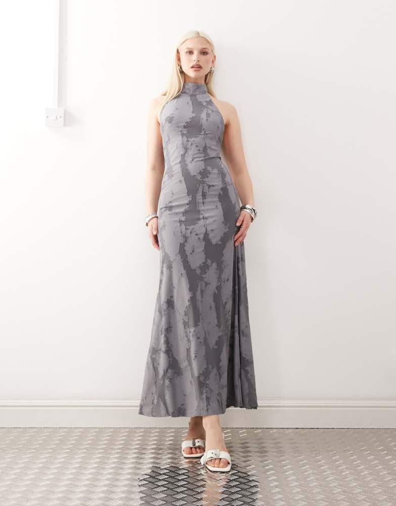 Weekday Weekday halter neck jacquard maxi dress in dark grey