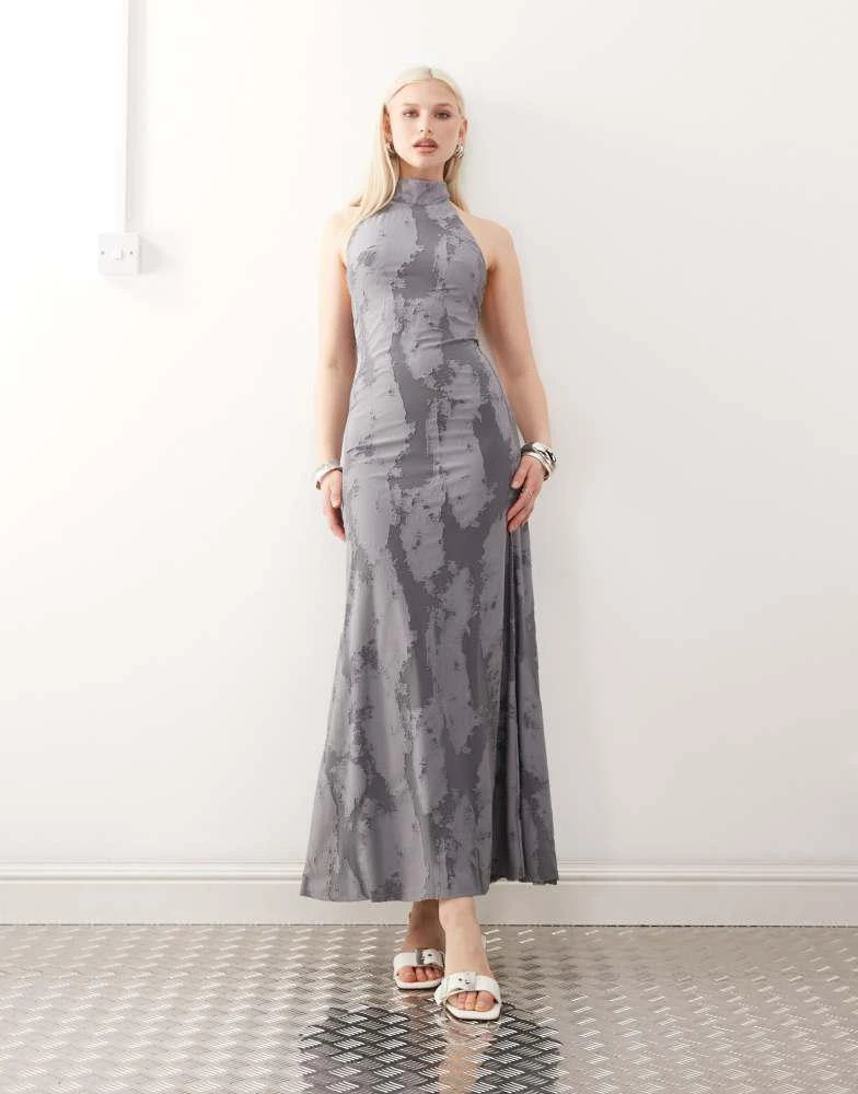 Weekday Weekday halter neck jacquard maxi dress in dark grey 1