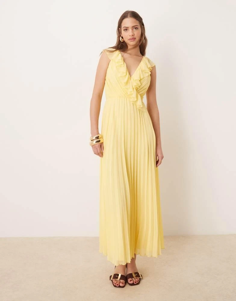 ASOS ASOS DESIGN frill wrap detail pleated midi dress in lemon yellow 1