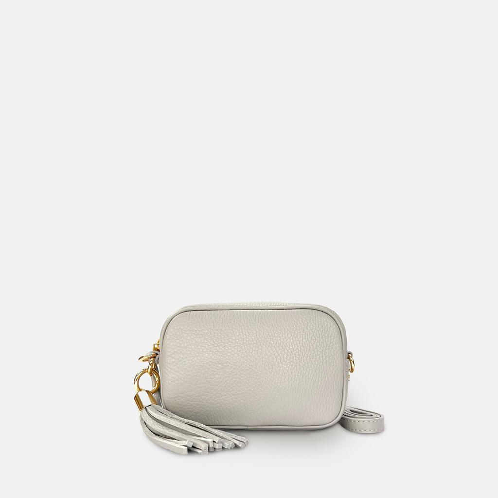 Apatchy London The Mini Tassel Light Grey Leather Phone Bag With Grey Boho Strap