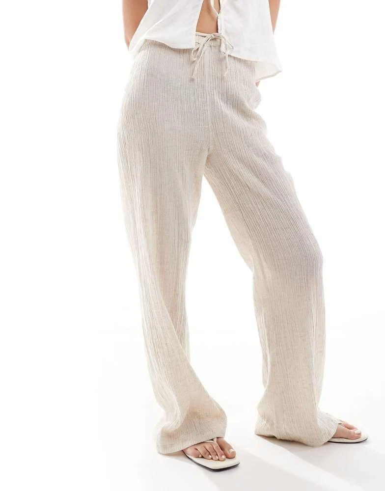 Pimkie Pimkie textured linen blend drawstring wide leg trousers in beige 2