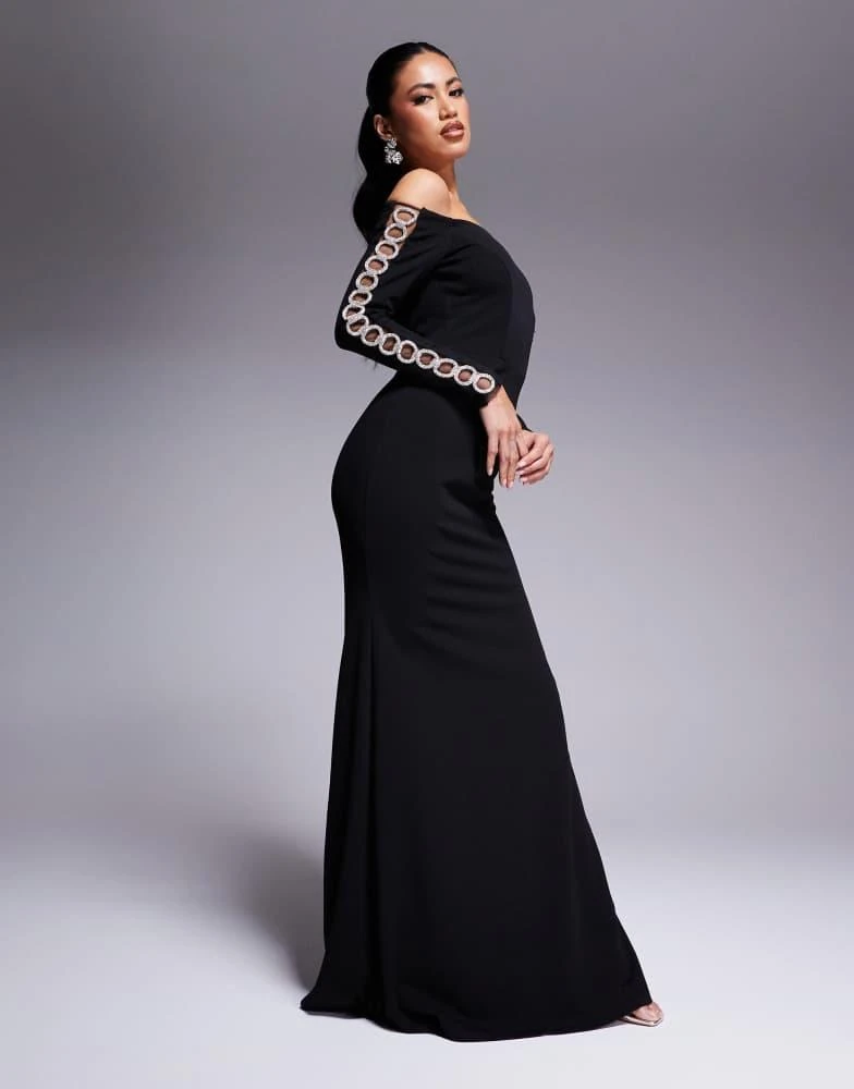 Goddiva Goddiva Embellished diamante sleeve bardot maxi dress in black - Dresses & Skirts - Free Shipping - BeyondStyle Goddiva Goddiva Embellished diamante sleeve bardot maxi dress in black - Dresses & Skirts - Free Shipping - BeyondStyle