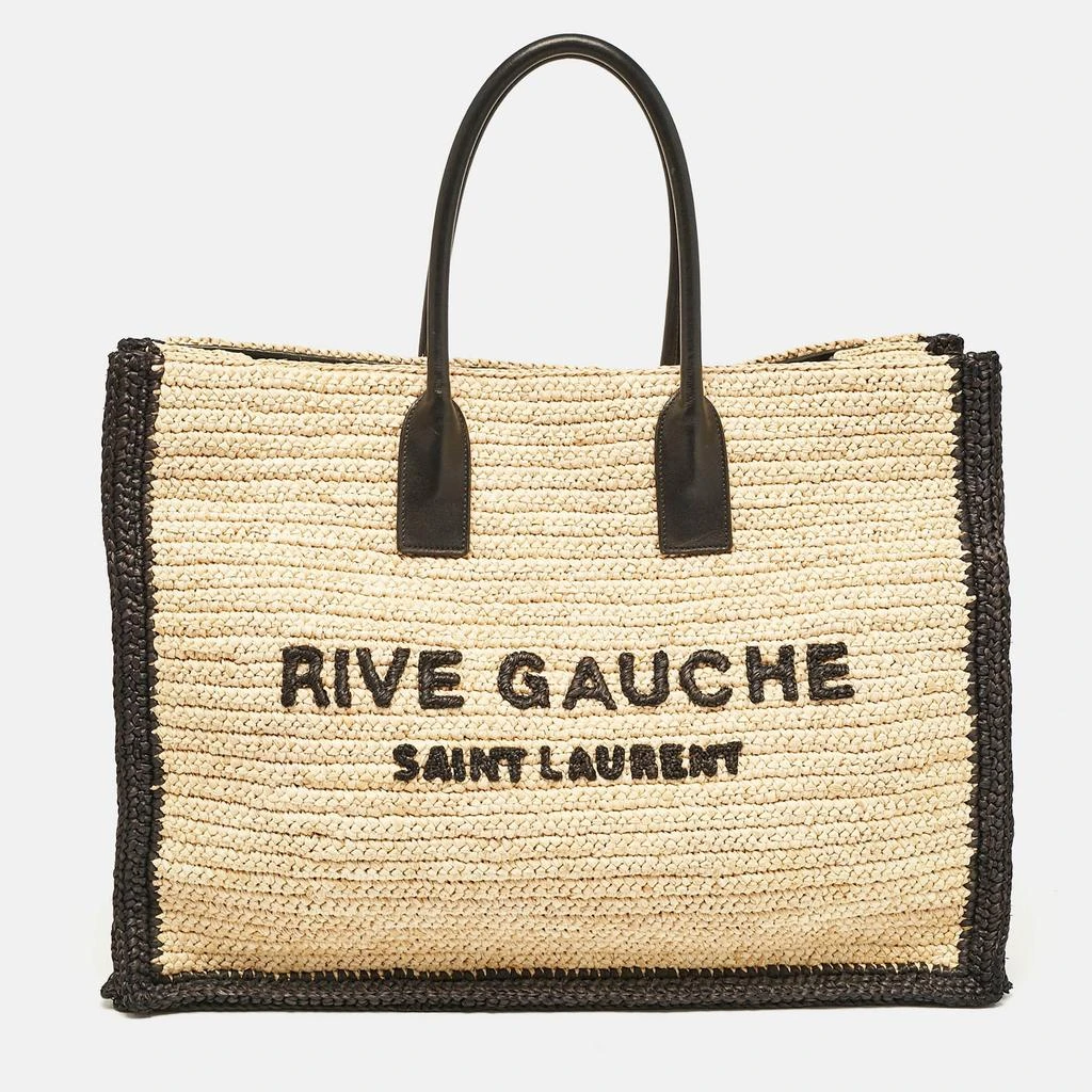 Yves Saint Laurent Black/natural Woven Straw Large Rive Gauche Tote 1