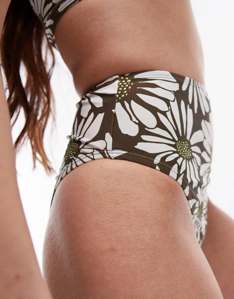 Topshop Topshop high waist high leg bikini bottoms in khaki daisy print 3