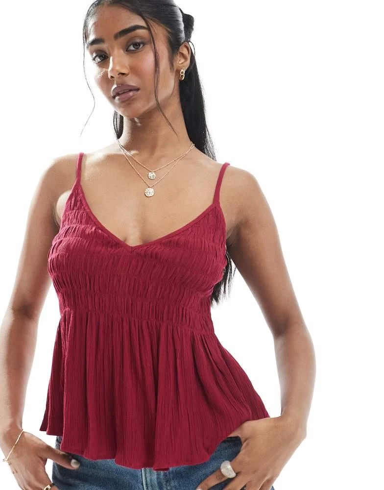 ASOS ASOS DESIGN V neck shirred cami in burgundy 1