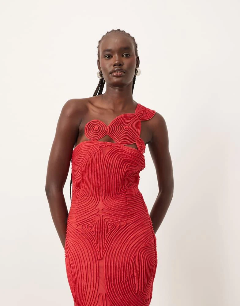 ARRANGE ARRANGE embroidered satin cornelli one shoulder maxi dress in red 4