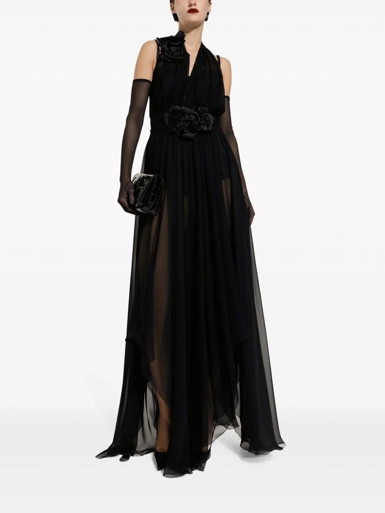 Dolce & Gabbana Women's Long Silk Chiffon Dress With Floral Appliqué 2