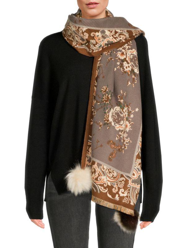 La Fiorentina Floral Faux Fur Pom Pom Shawl