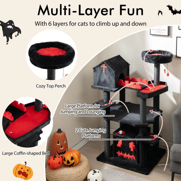 Hivvago Gothic Cat Tree 49 Inch Tall Cat Tower 6-Tier Cat Activity Center With Coffin Bed 4