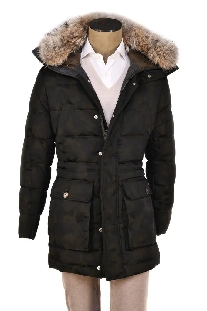 ELEVENTY Eleventy Camo Nylon-Wool Coat W/ Removable Coyote Fur Trim Hood In Green,black,olive - M-El-Bkgn4-Ca-Nywo-Ny-Fu-Coat-Rm-Zu-Bd-
