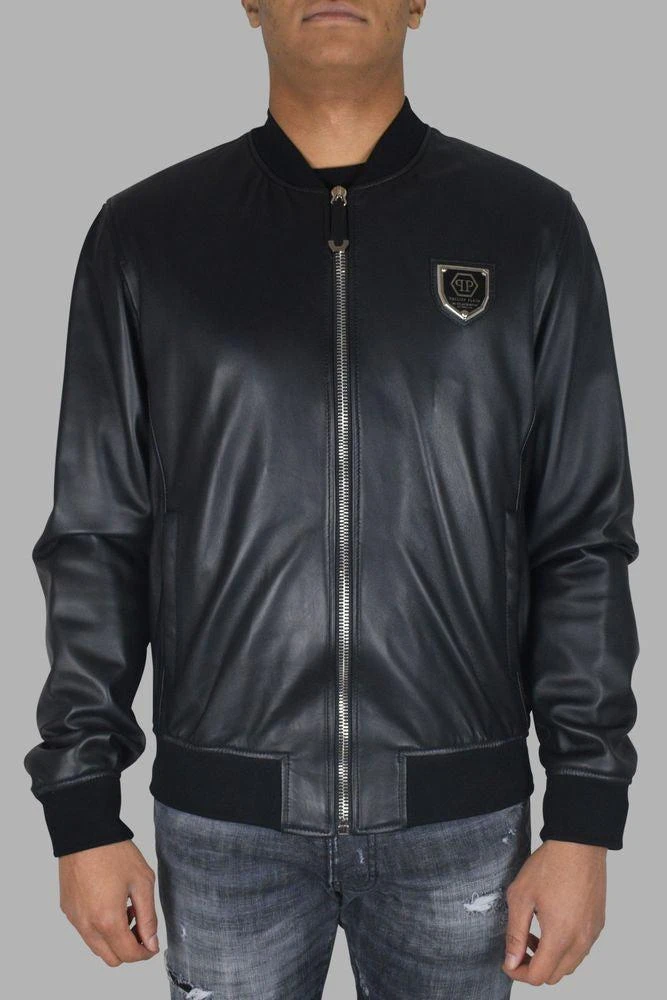 Philipp Plein Black Leather Bomber Jacket With Zip Closure 2