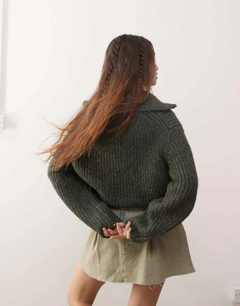 Weekday Weekday Bea wool blend zip through cardigan in dark green melange 4