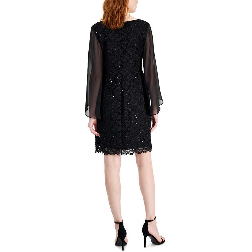 Connected Petite Round-Neck Long-Cape-Sleeve Lace Dress