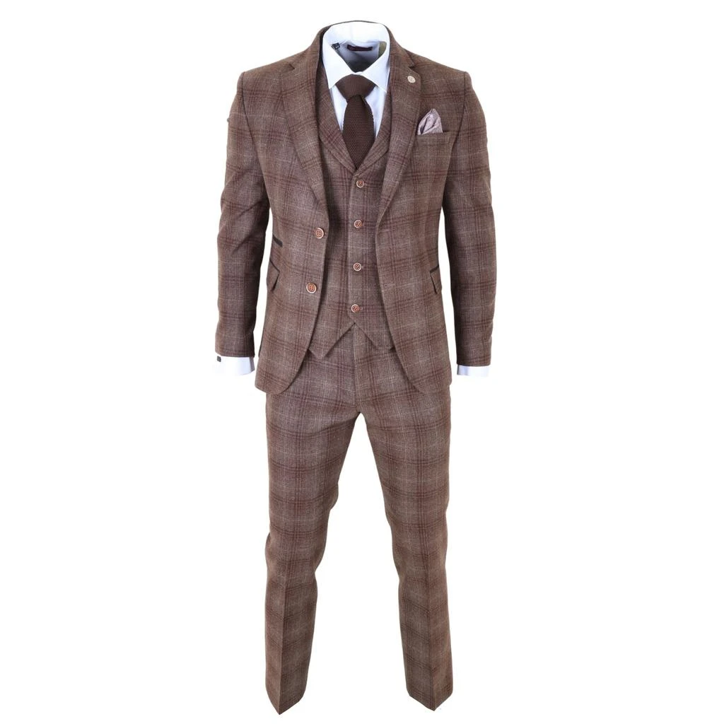 Infinity Leather Men's Formal Tweed 3 Piece Check Vintage Gatsby Style Suit in Brown | Size: 44R