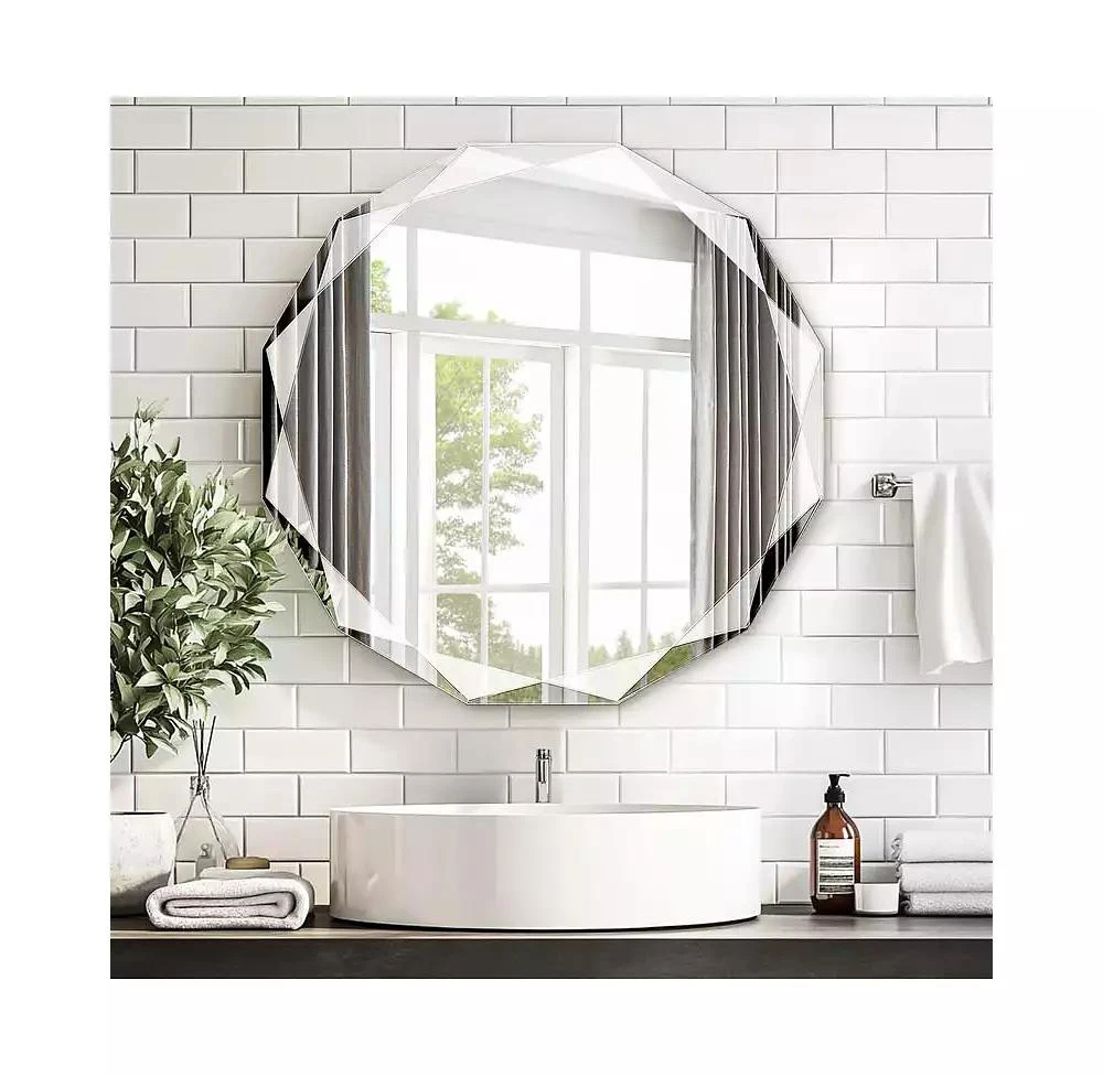 Antok Single Beveled Edge Circle Mirror Frameless Wall Mount Bathroom Vanity Mirror 2