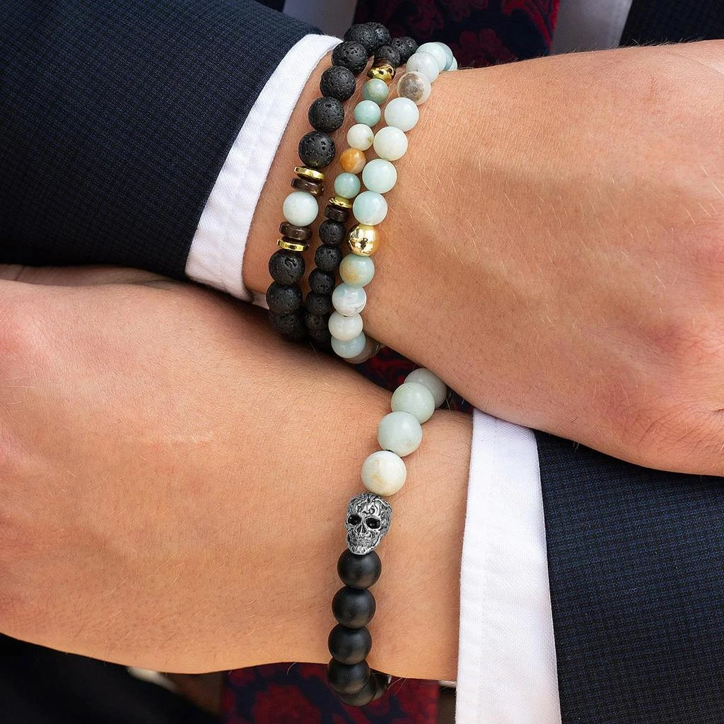 Crucible Jewelry Single Skull Stretch Bracelet with 10mm Matte Black Onyx and Amazonite Beads 2